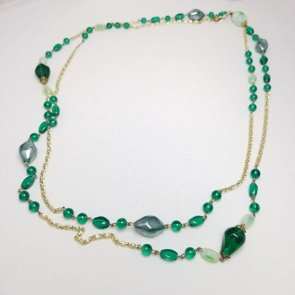 Vintage Long Green Glass Beaded Necklace and Gold Tone Chain, Mixed Shape Beads - Picture 1 of 7